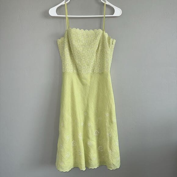 Ann Taylor Petites Woman’s 100% Linen Dress 2P Spaghetti Strap Yellow Eyelet - Picture 1 of 8